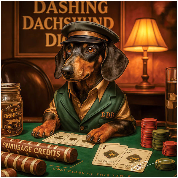 Dachshund dressed as a stylish poker dealer with humorous dog-themed poker chips and cards