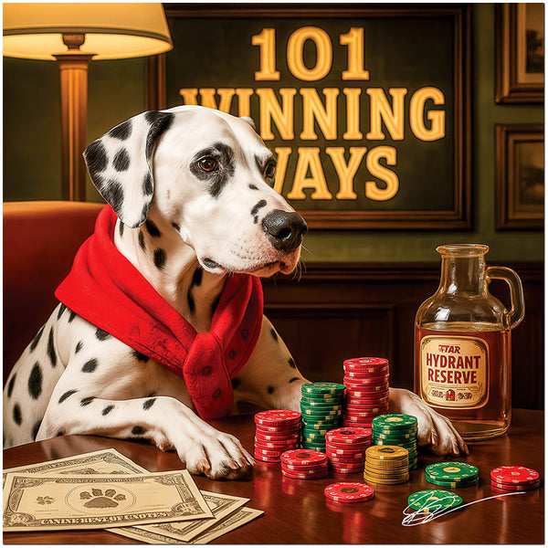 Dalmatian in stylish attire at a poker table with casino chips and humorous Hydrant Reserve drink