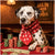 Dalmatian wearing a red paw-print scarf playing poker with colorful chips and funny spotted tender cash