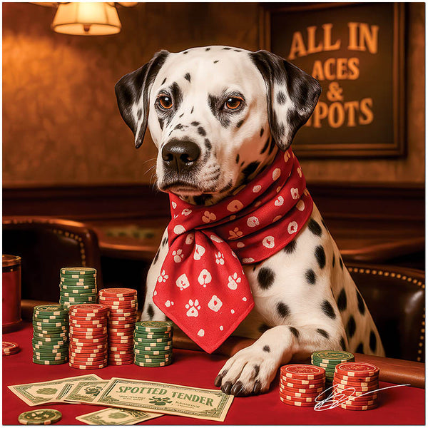 Dalmatian wearing a red paw-print scarf playing poker with colorful chips and funny spotted tender cash