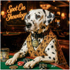 Dalmatian dog in trophy vest playing poker, humorous "Best Bluff" medal, poker table scene