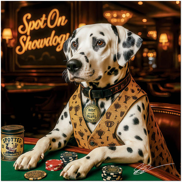 Dalmatian dog in trophy vest playing poker, humorous "Best Bluff" medal, poker table scene