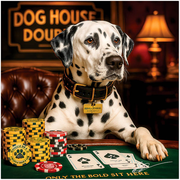 Dalmatian dog seated at poker table with bold poker chips and cards, humorous casino artwork