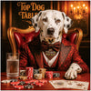Dalmatian dog dressed in red suit at poker table with chips, cards, and drink in elegant casino setting