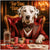 Dalmatian dog dressed in red suit at poker table with chips, cards, and drink in elegant casino setting