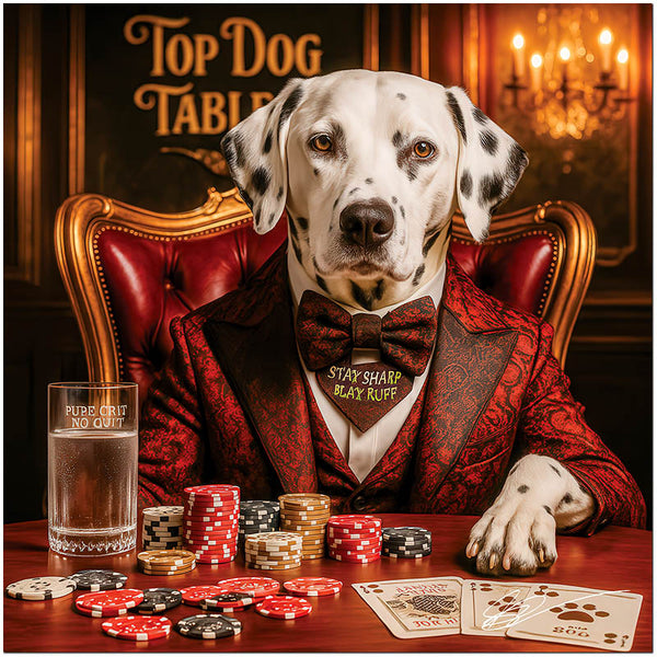 Dalmatian dog dressed in red suit at poker table with chips, cards, and drink in elegant casino setting