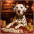 Dalmatian dog wearing bowtie at poker table with cards and casino chips in luxurious setting