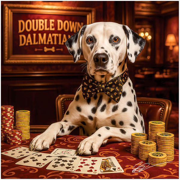 Dalmatian dog wearing bowtie at poker table with cards and casino chips in luxurious setting