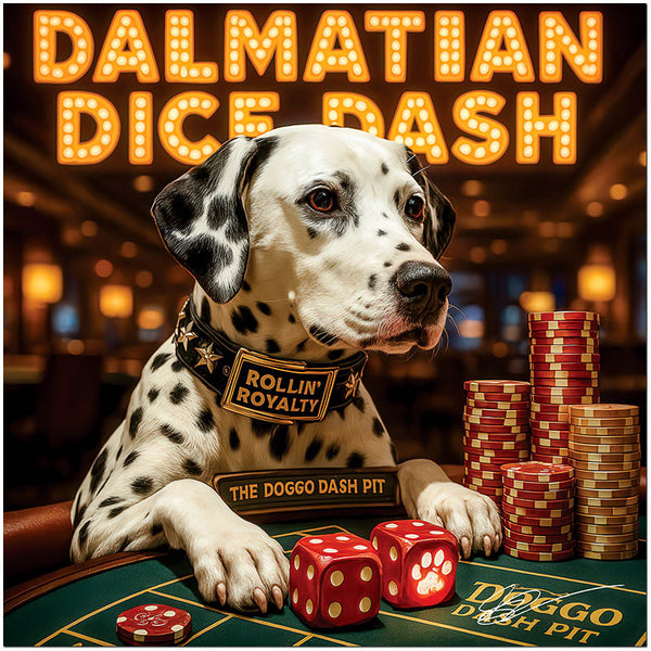Dalmatian at casino dice table with Rollin' Royalty collar and gaming chips