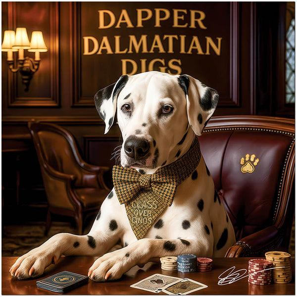 Elegant Dalmatian wearing bowtie seated at luxurious card table with casino chips