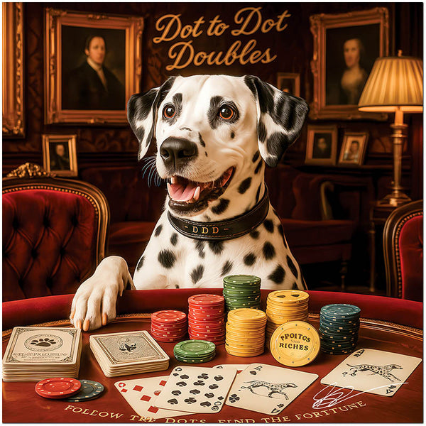 Playful Dalmatian enjoying a card game at an elegant casino table surrounded by poker chips