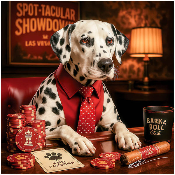 Sophisticated Dalmatian wearing a red tie at an upscale casino table with poker chips and cards