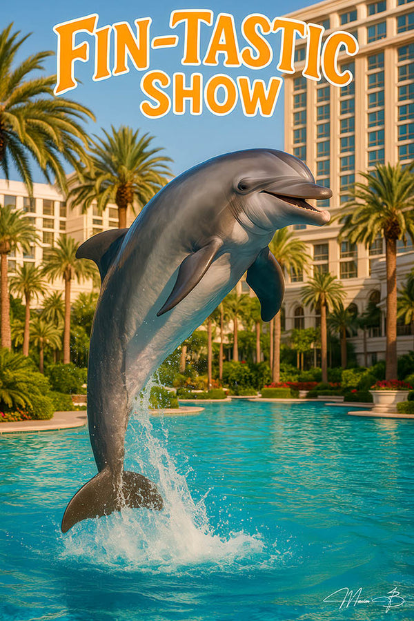 Dolphin jumping from a tropical resort pool metal wall art print