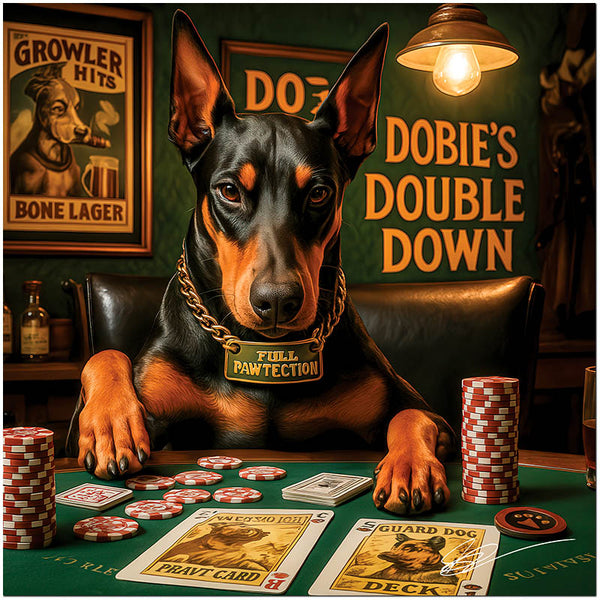 Doberman dog playing poker with "Full Pawtection" collar at luxury casino table