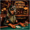 Doberman dog dressed as a casino card dealer at luxurious gaming table