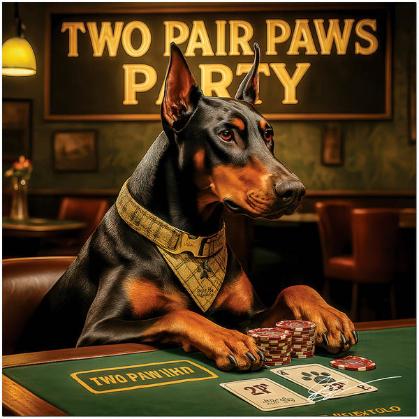 Doberman playing poker at luxurious table in elegant bar setting