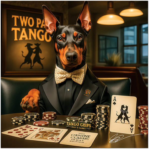 Doberman elegantly dressed playing poker at luxury table setting