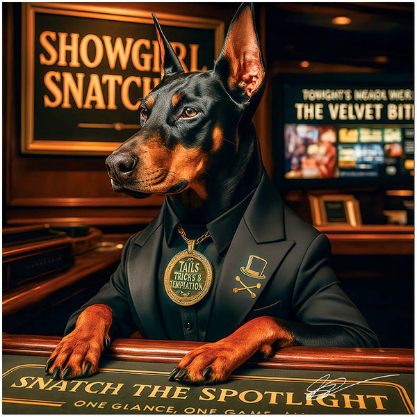 Doberman in stylish suit at casino bar table
