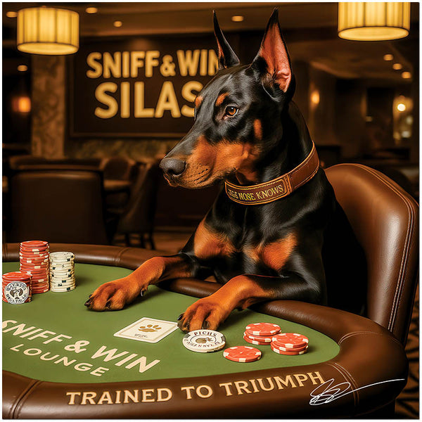 Doberman dog at elegant casino poker table