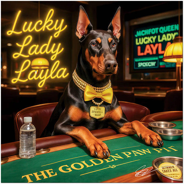 Doberman dog with pearls and bowtie at casino table