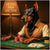 Doberman dog elegantly seated at poker table under vintage lamp
