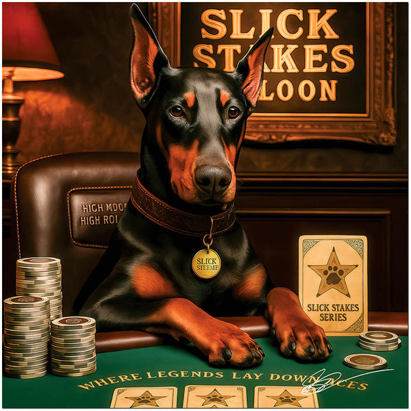 Doberman dog seated confidently at poker table in elegant saloon setting