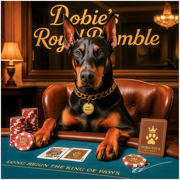 Majestic Doberman seated confidently at luxurious poker table with royal-themed poker chips and cards