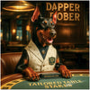 Elegant Doberman dog in tailored suit enjoying poker at a luxury casino table