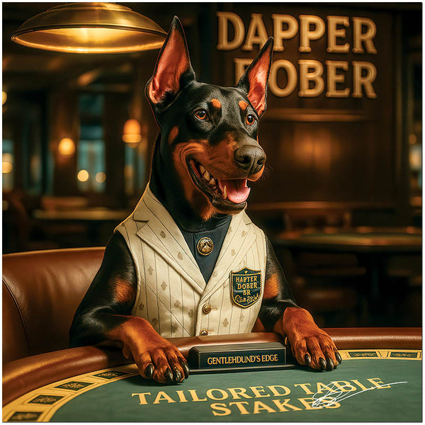 Elegant Doberman dog in tailored suit enjoying poker at a luxury casino table
