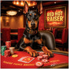 Doberman confidently playing poker at luxurious casino table with fiery red theme