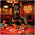 Doberman confidently playing poker at luxurious casino table with fiery red theme