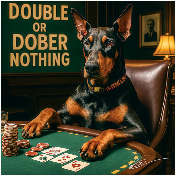 Doberman playing poker in luxury casino Double or Dober Nothing