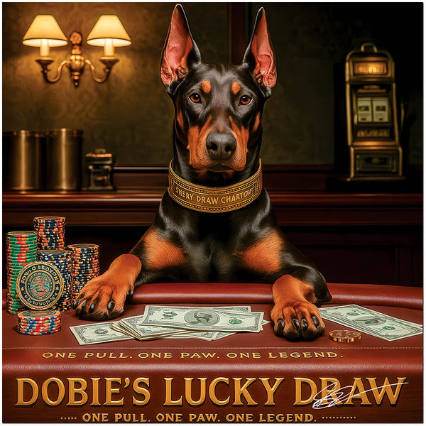 Doberman with poker chips and cash Dobie's Lucky Draw casino art