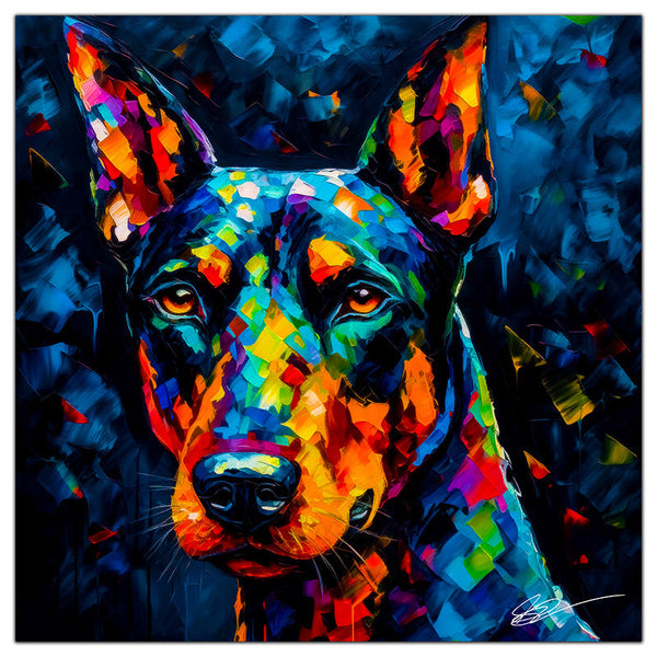 Colorful Dobermann portrait in modern art style, perfect for home decor.