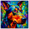Colorful Dobermann portrait in modern art style, perfect for home decor.