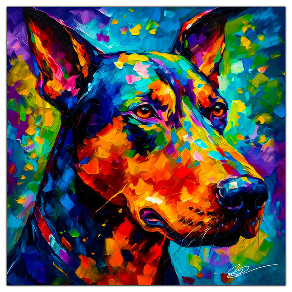 Colorful Dobermann portrait in modern art style, perfect for home decor.