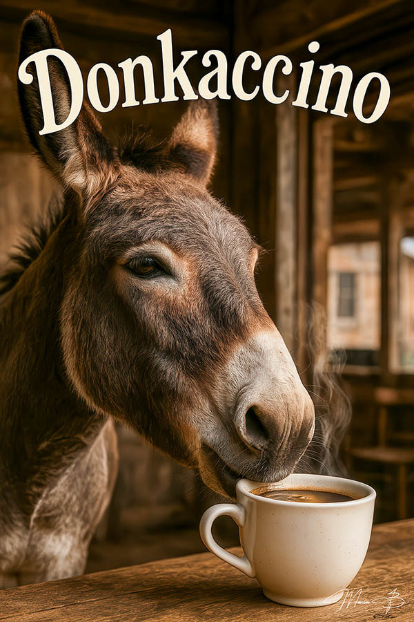 Cute donkey enjoying steaming cup of coffee metal print wall art