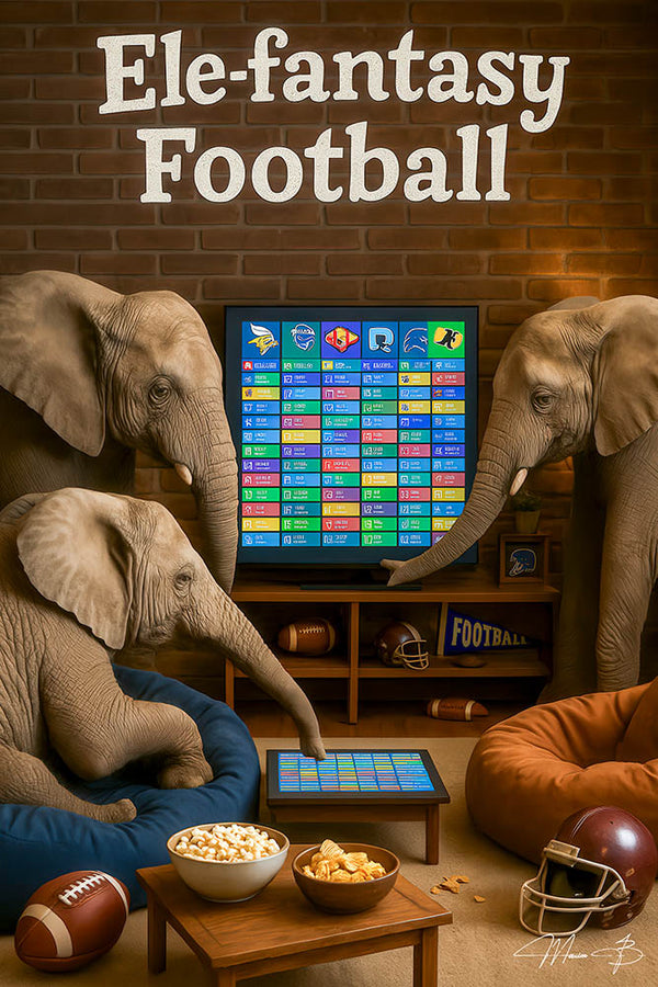 Three elephants seated in a living room playing fantasy football with draft boards and snacks in artwork titled Ele-fantasy Football
