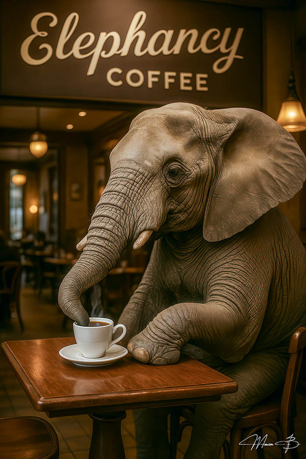 Elephant enjoying coffee in cafe metal wall art print