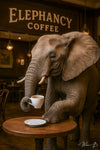 Elephant drinking espresso in cafe metal wall art print
