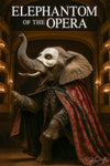 Elephant dressed as Phantom performing opera metal wall art print