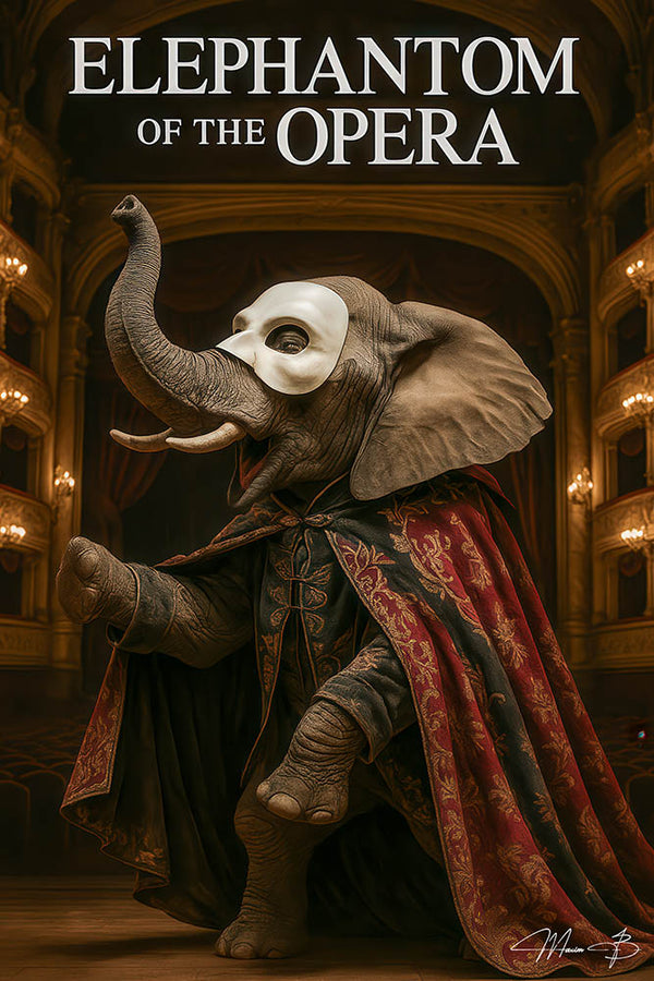 Elephant dressed as Phantom performing opera metal wall art print