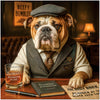 English Bulldog in vintage attire at bar Beefy Bumbler artwork