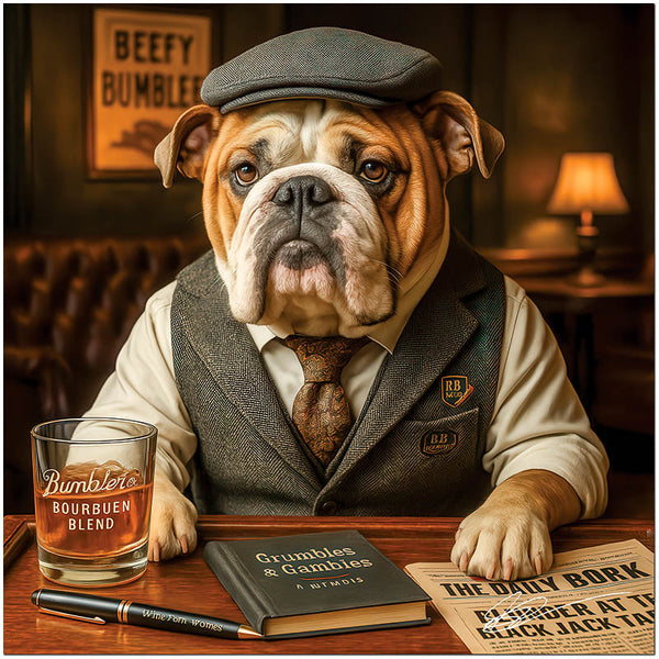 English Bulldog in vintage attire at bar Beefy Bumbler artwork