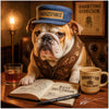 English Bulldog detective Snorting Sidekick with coffee and sketchbook metal print