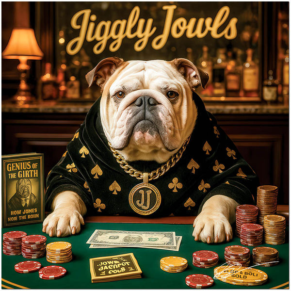 English Bulldog playing poker at luxurious bar metal print