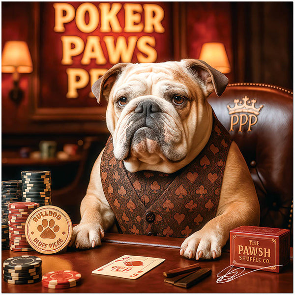 English Bulldog playing poker in casino setting metal print
