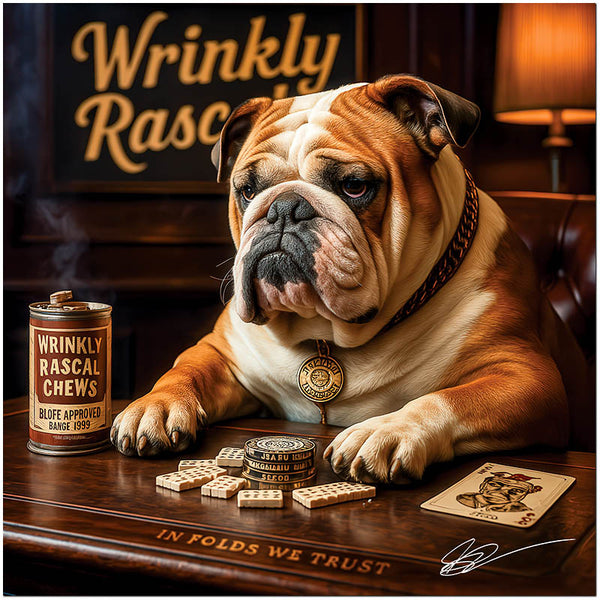 English Bulldog playing dominoes with vintage chew tin metal print
