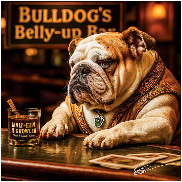 English Bulldog relaxing at a bar with a drink metal print