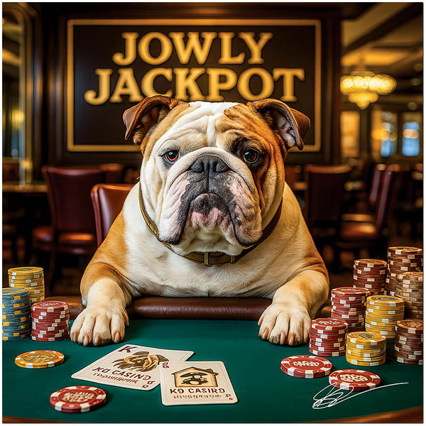 English Bulldog playing poker surrounded by chips metal print